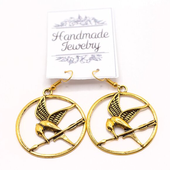 Goldtone Katniss Everdeen Hunger Games Mockingjay Hoop Earrings, New - Picture 2 of 2
